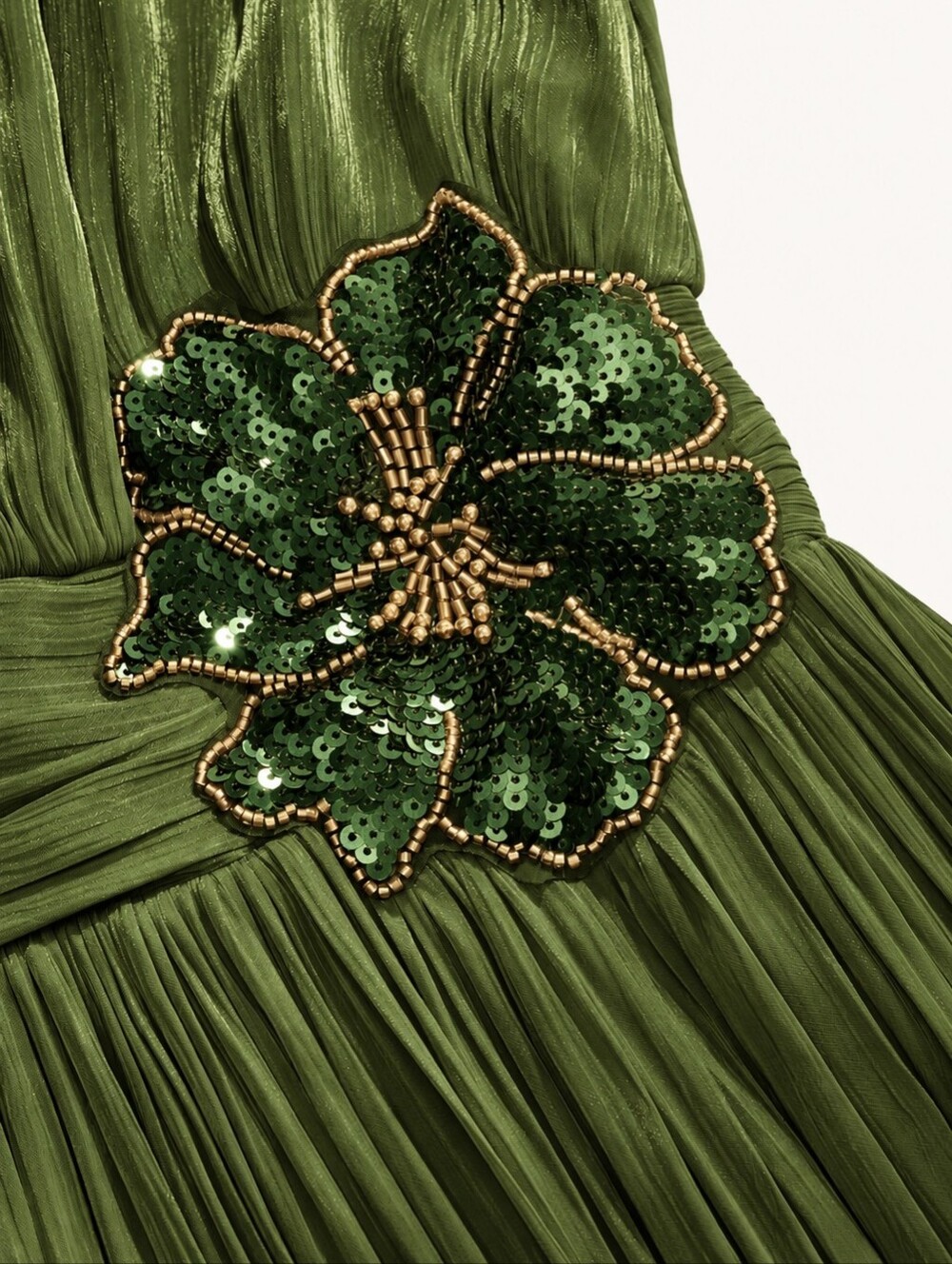 New Metallic Sequin Beaded 3D Flower Maxi Dress Ruched Waist Olive Green - Picture 10 of 15